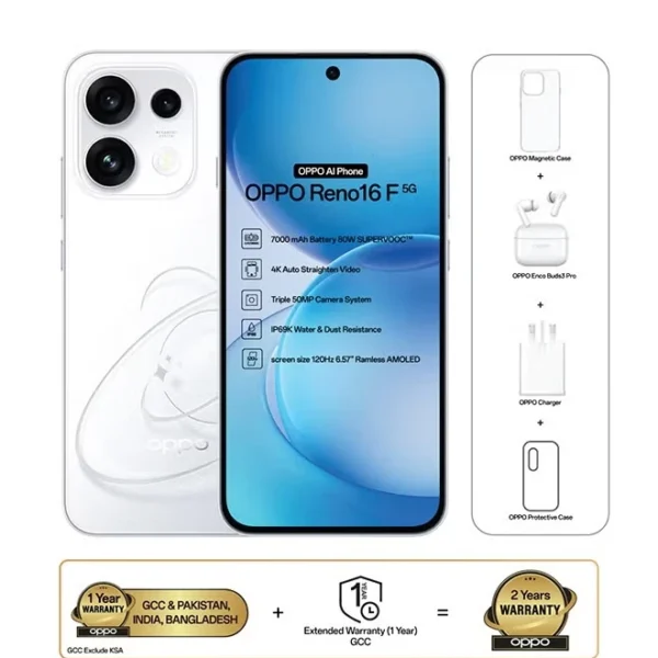 OPPO Reno16 F 5G 256GB, 8GB RAM – Pop White (with Enco Buds3 Pro + Magnetic Case)
