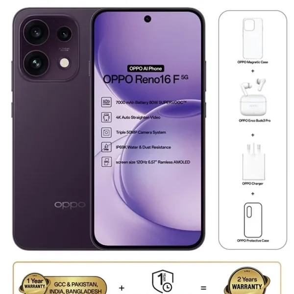 OPPO Reno16 F 5G 256GB, 12GB RAM – Twilight Violet (with Enco Buds3 Pro + Magnetic Case)